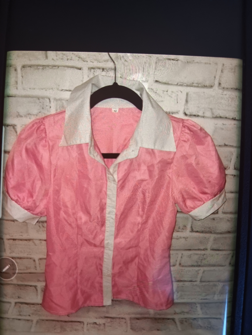 Pink Puff-Sleeve Button Front Blouse with White Trim
